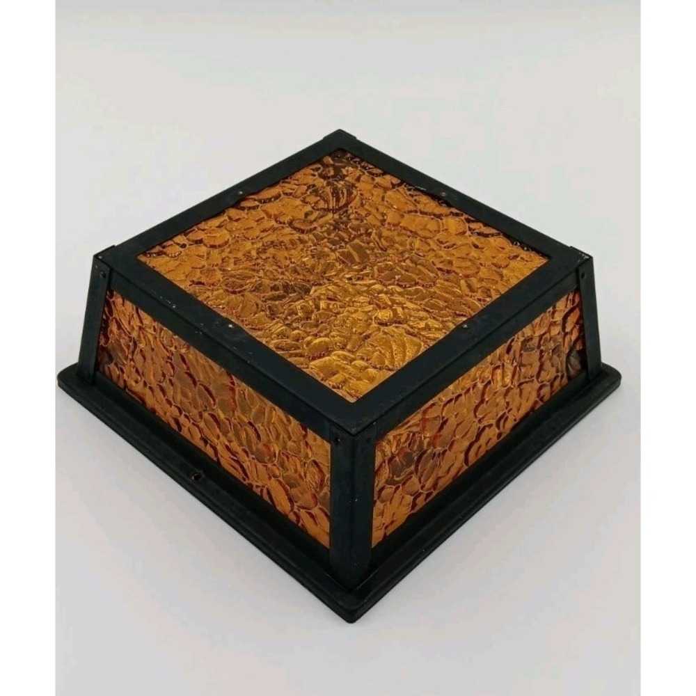 9" VTG 70s Square Light Fixture Amber Textured Glass Ceiling Lamp MCM Retro Deco